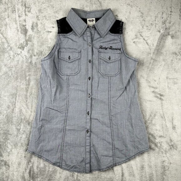 Harley Davidson Women’s SZ M Sleeveless Button Down Blouse Crochet Back Gray - Picture 1 of 7